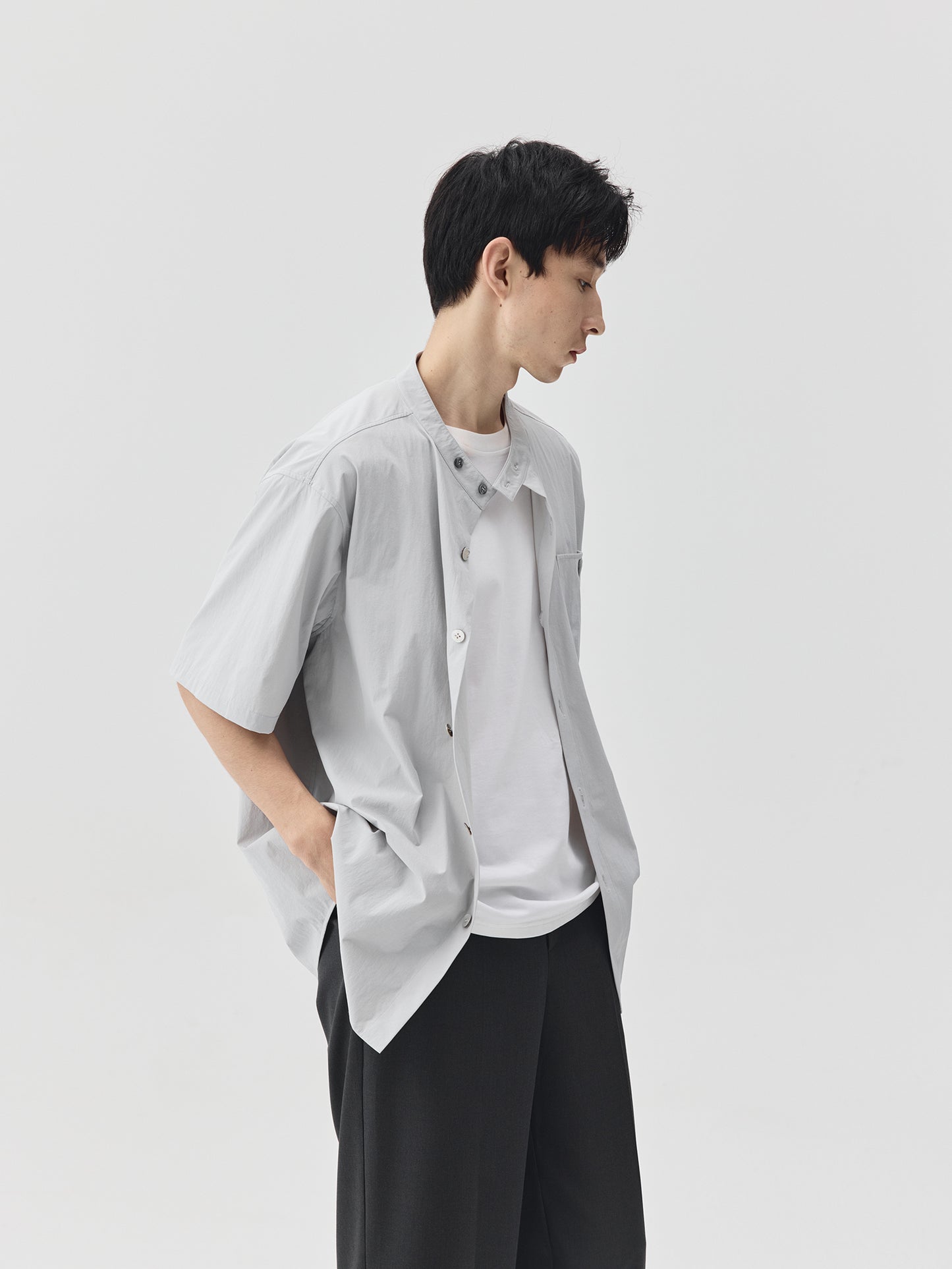 Relaxed Stand Collar Short-Sleeve Shirt