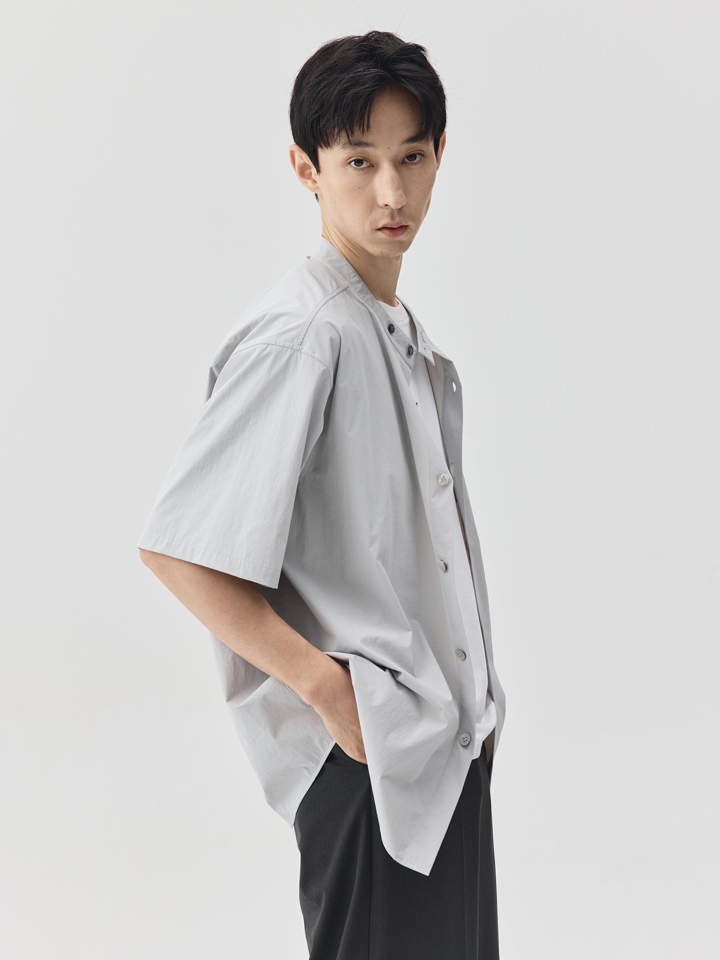 Relaxed Stand Collar Short-Sleeve Shirt