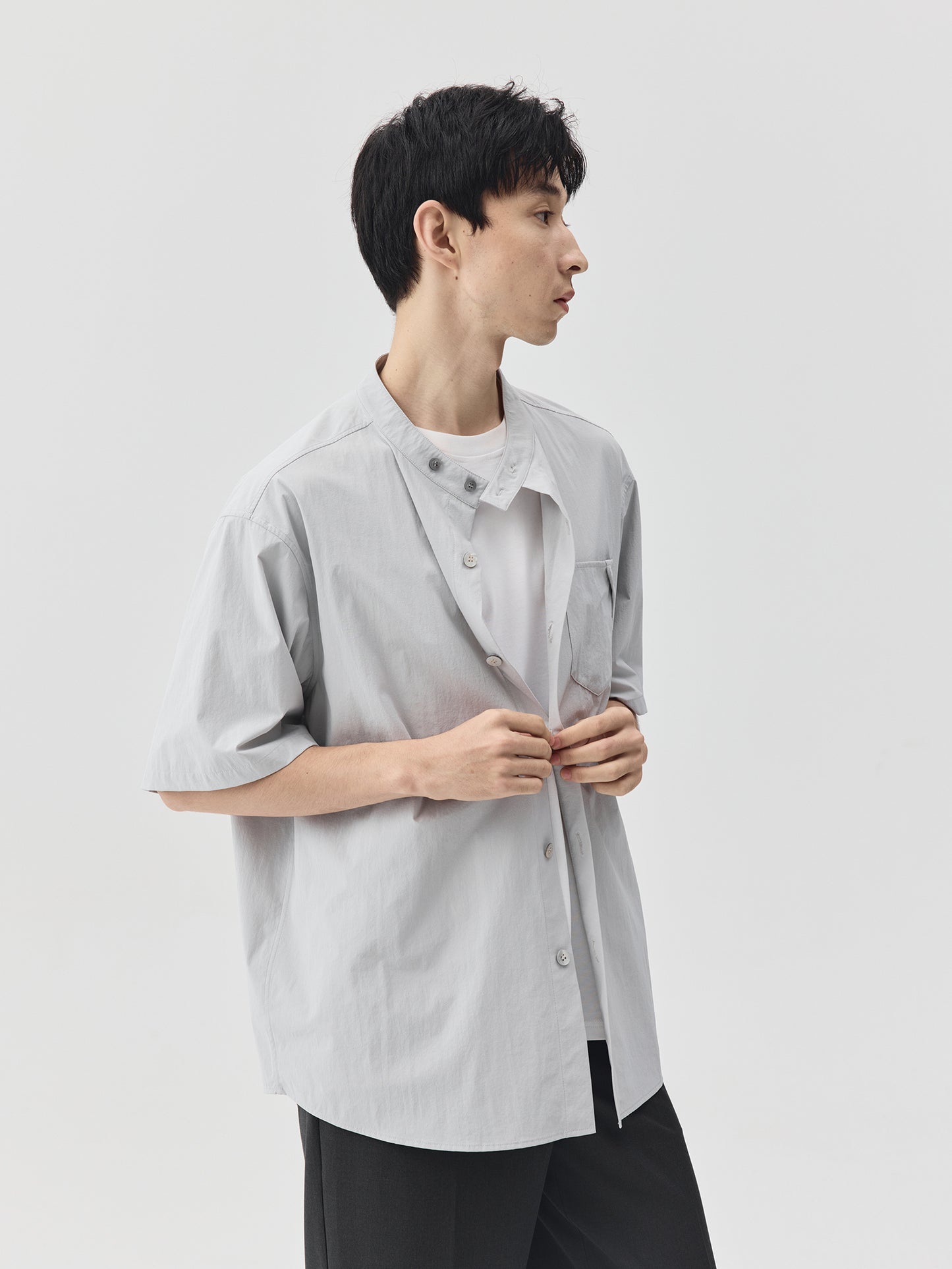 Relaxed Stand Collar Short-Sleeve Shirt