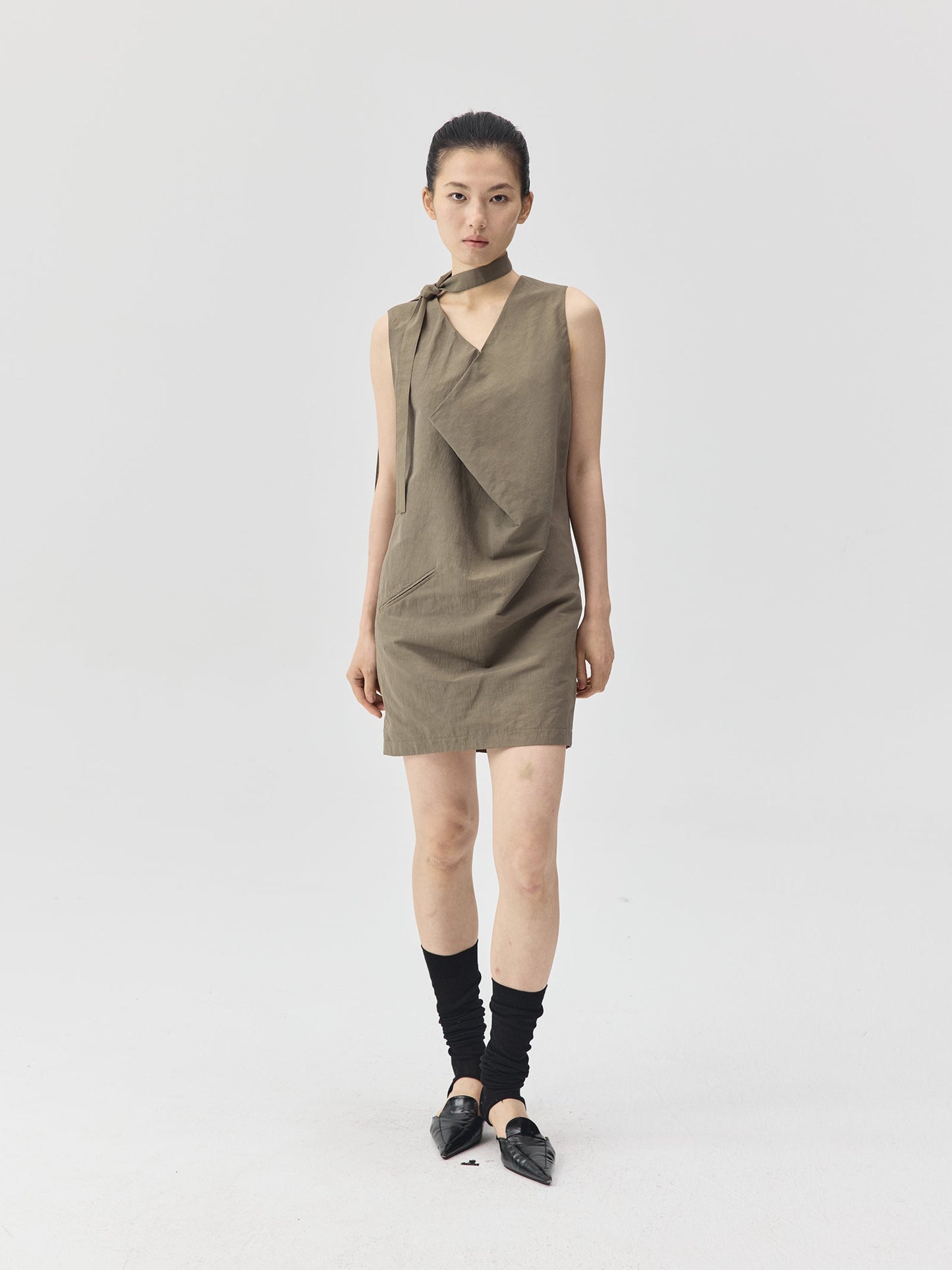 Draped Collar Linen-Blend Short Dress