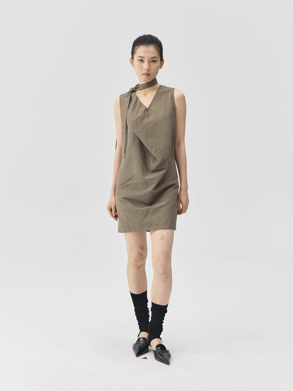 Draped Collar Linen-Blend Short Dress