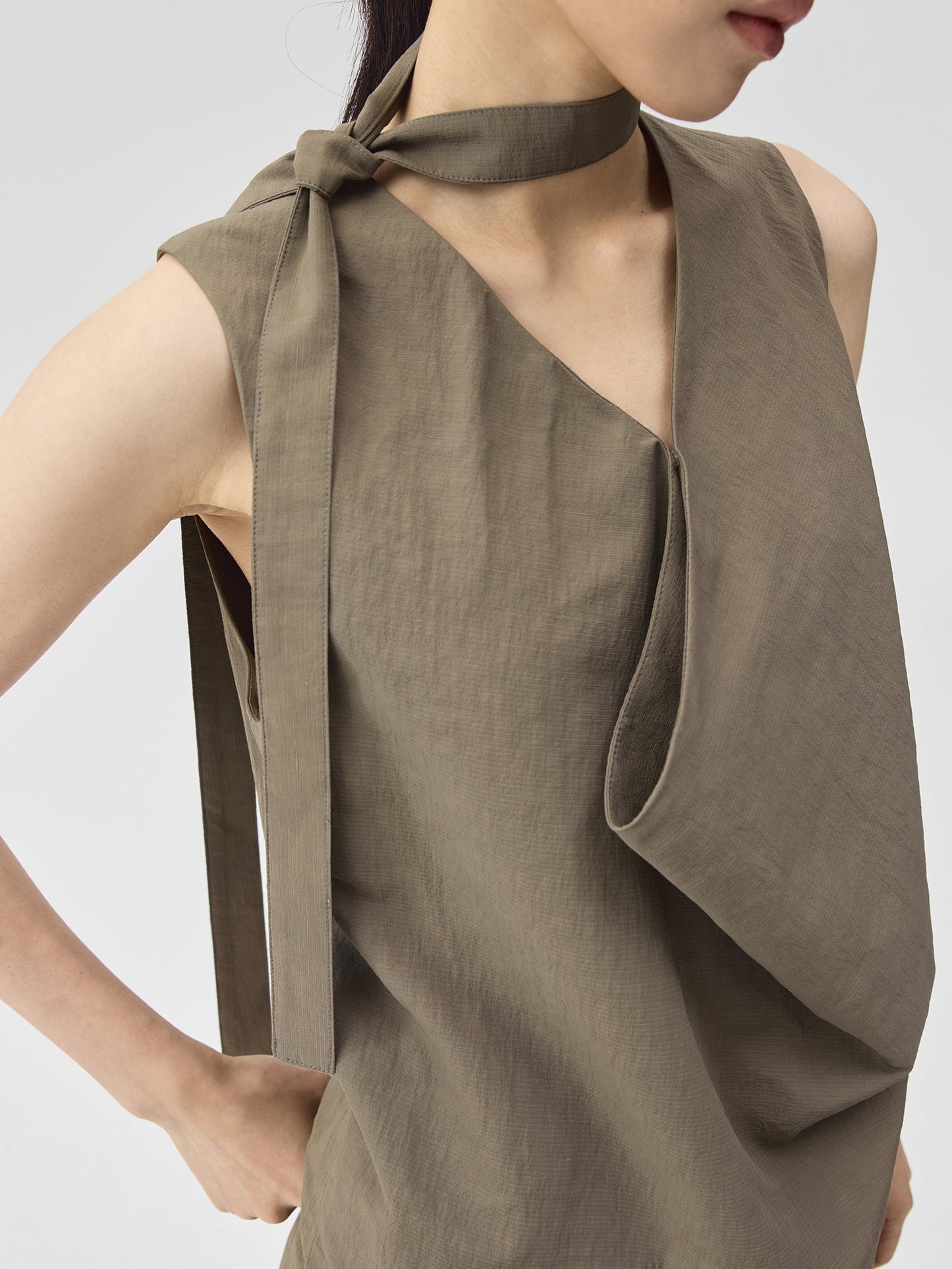 Draped Collar Linen-Blend Short Dress