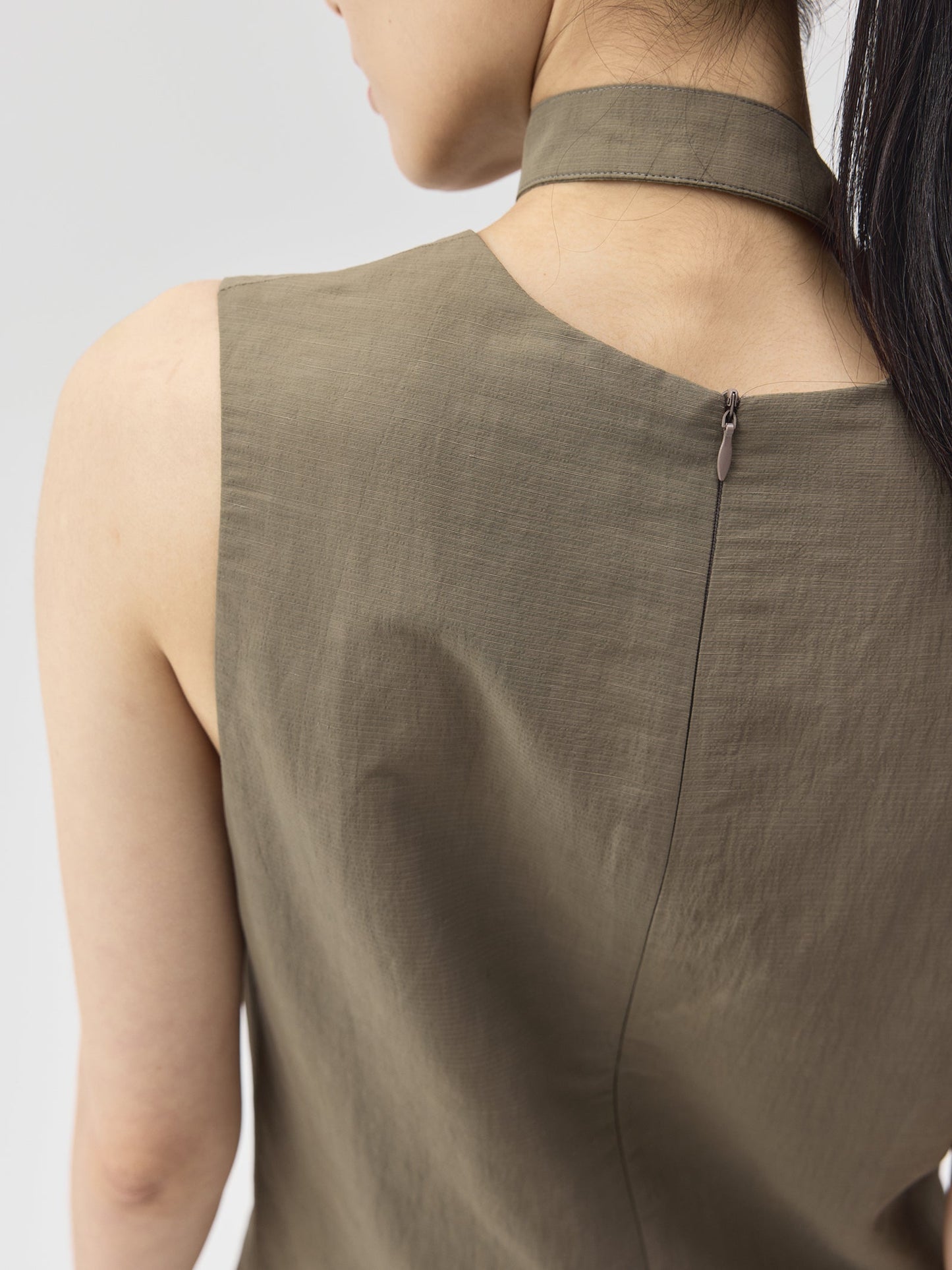 Draped Collar Linen-Blend Short Dress