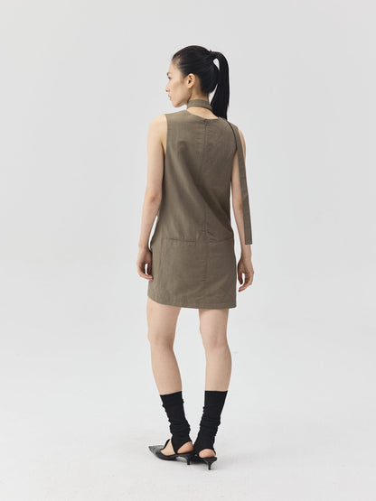 Draped Collar Linen-Blend Short Dress