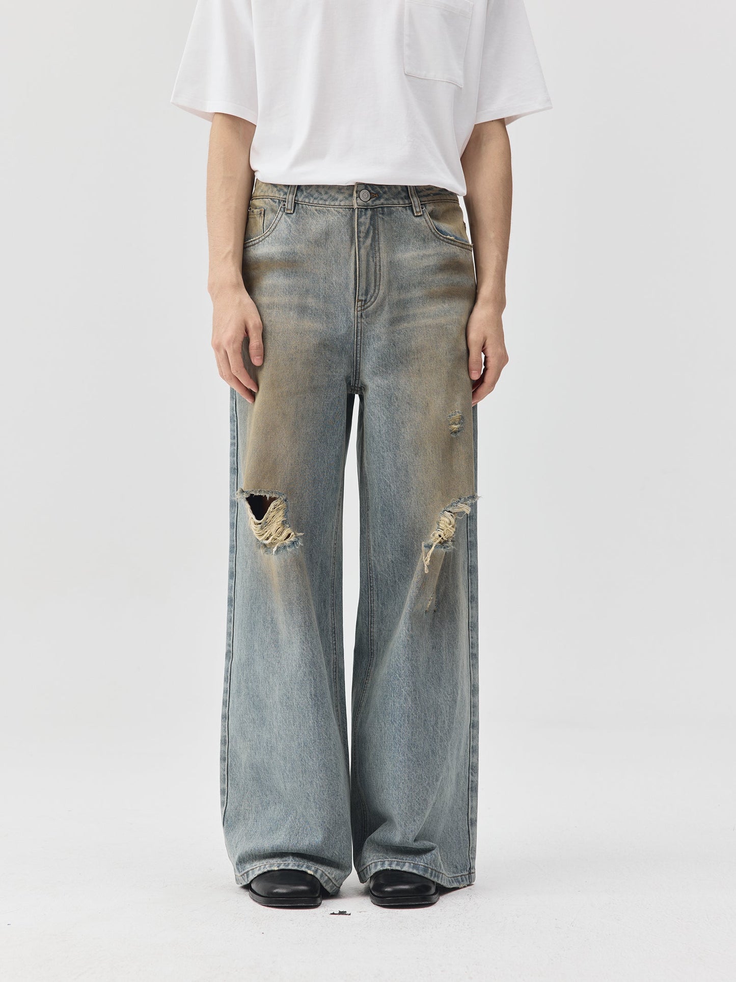 Destroyed Dirt Wash Wide Leg Jeans