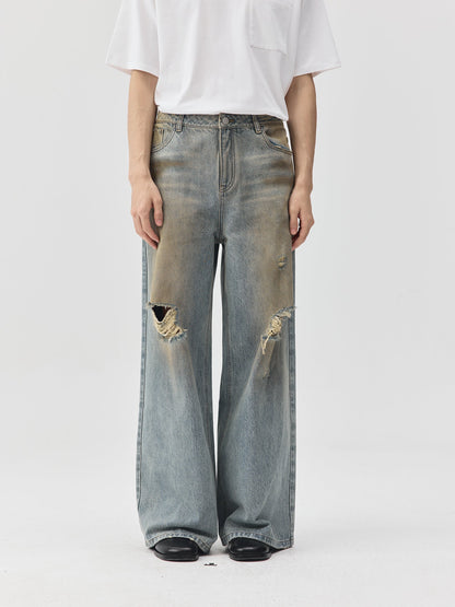 Destroyed Dirt Wash Wide Leg Jeans