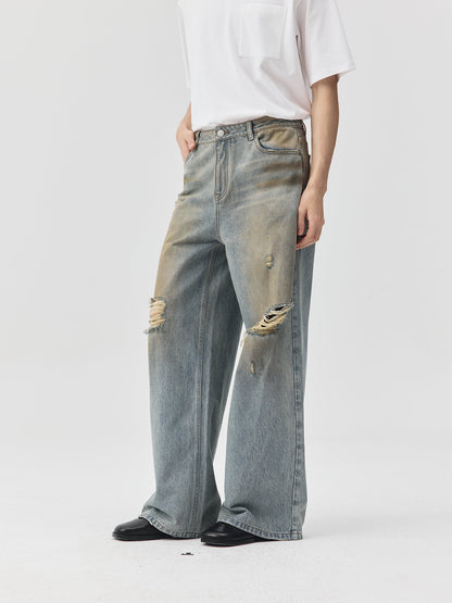 Destroyed Dirt Wash Wide Leg Jeans
