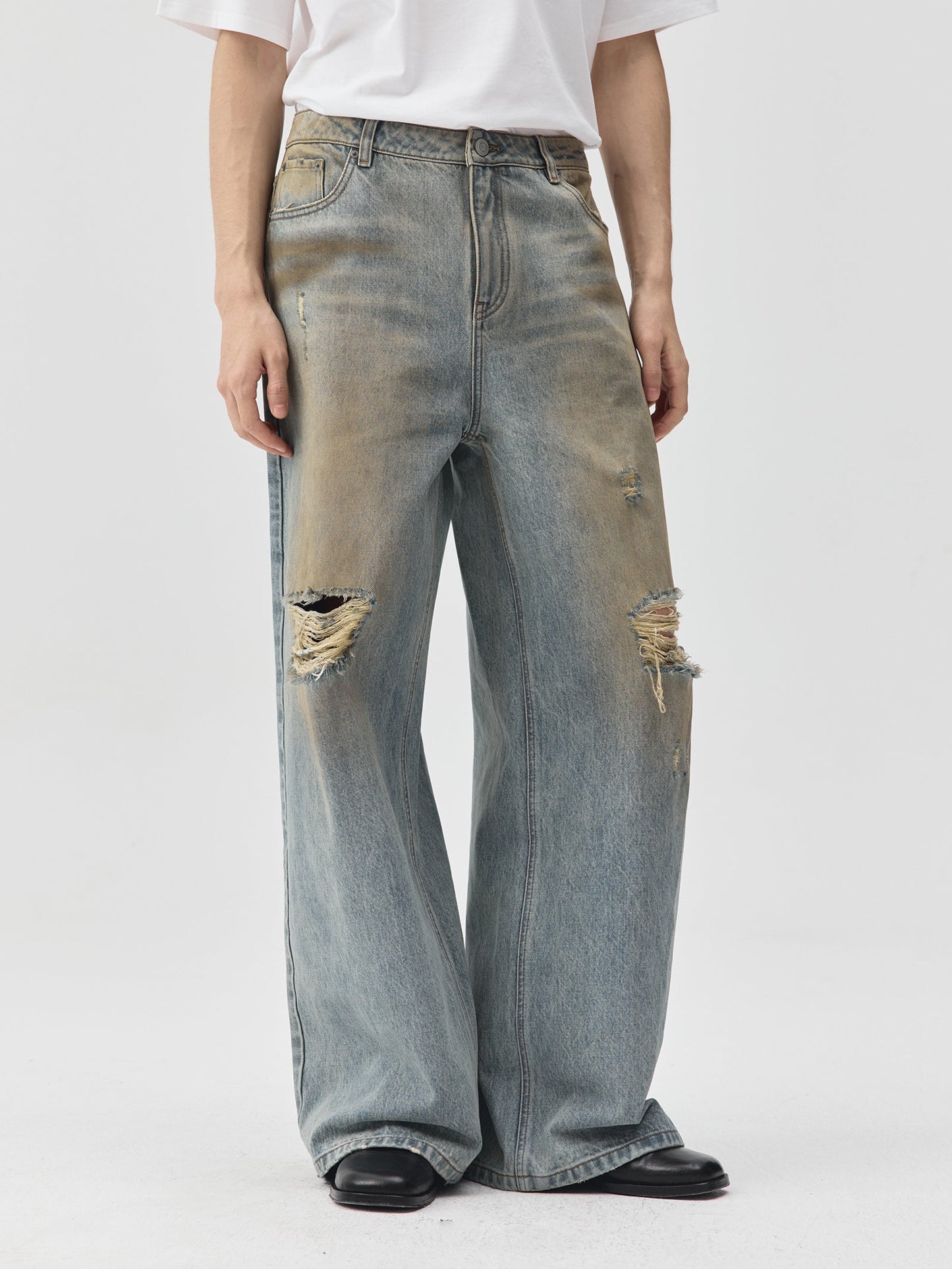 Destroyed Dirt Wash Wide Leg Jeans