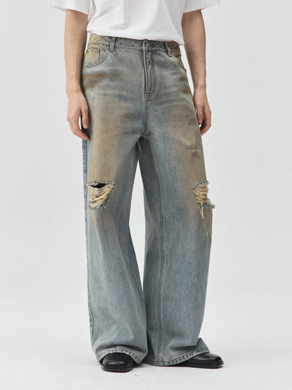 Destroyed Dirt Wash Wide Leg Jeans