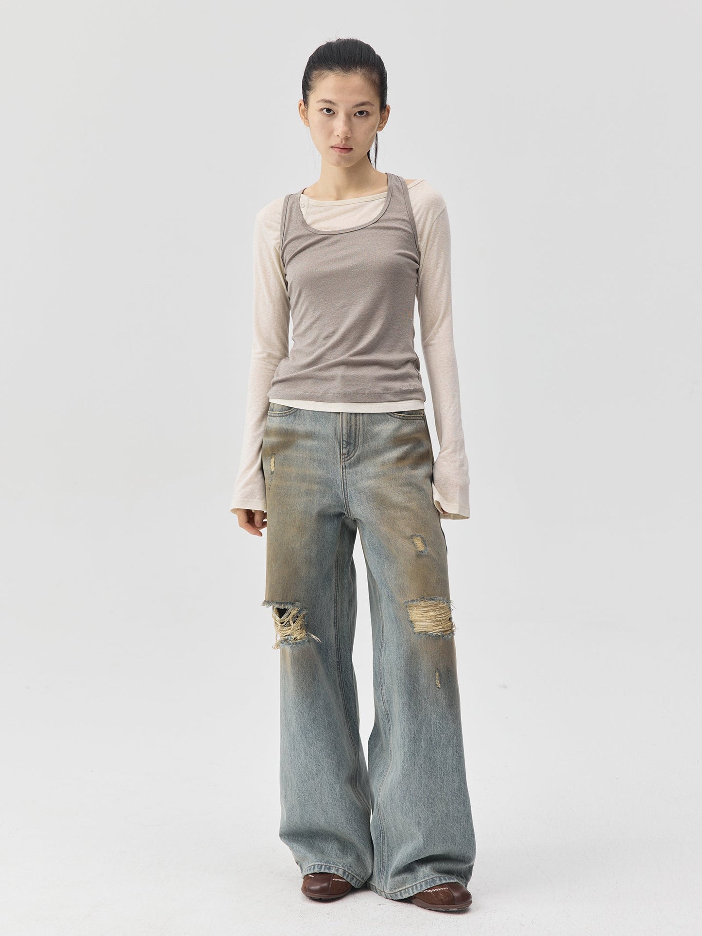 Destroyed Dirt Wash Wide Leg Jeans