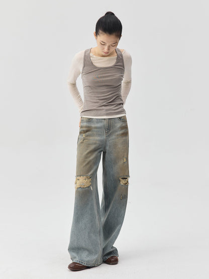 Destroyed Dirt Wash Wide Leg Jeans