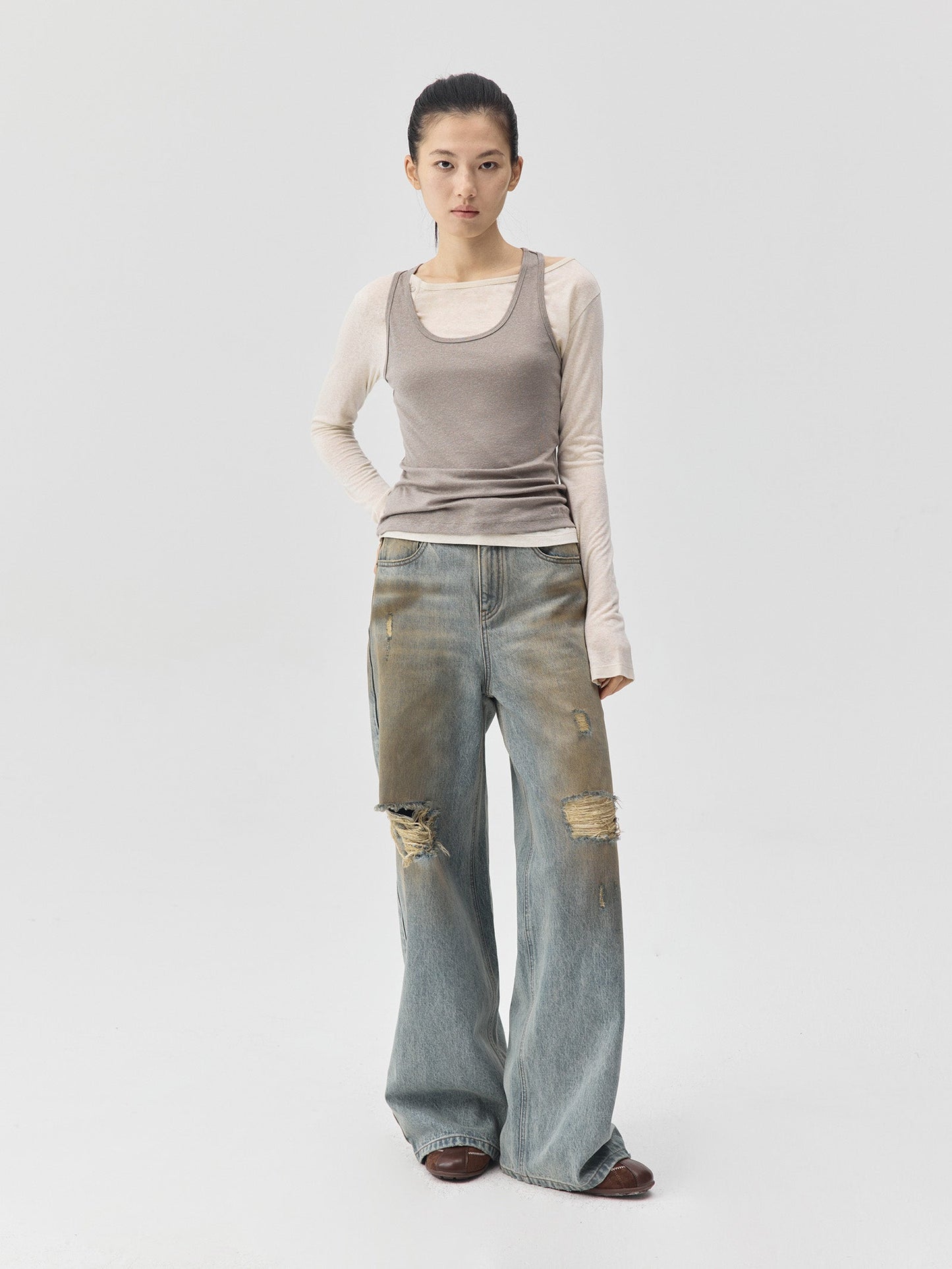 Destroyed Dirt Wash Wide Leg Jeans