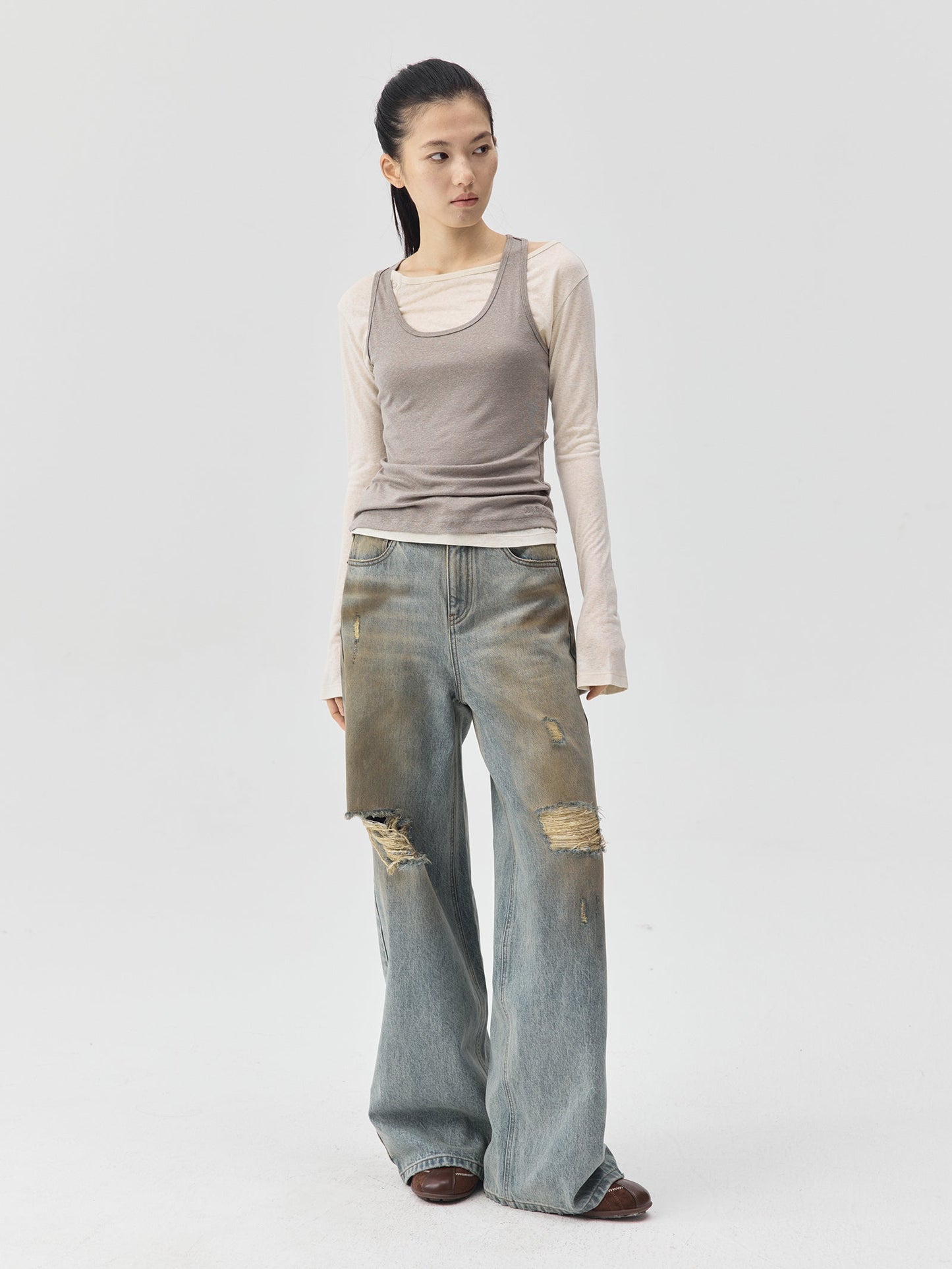 Destroyed Dirt Wash Wide Leg Jeans