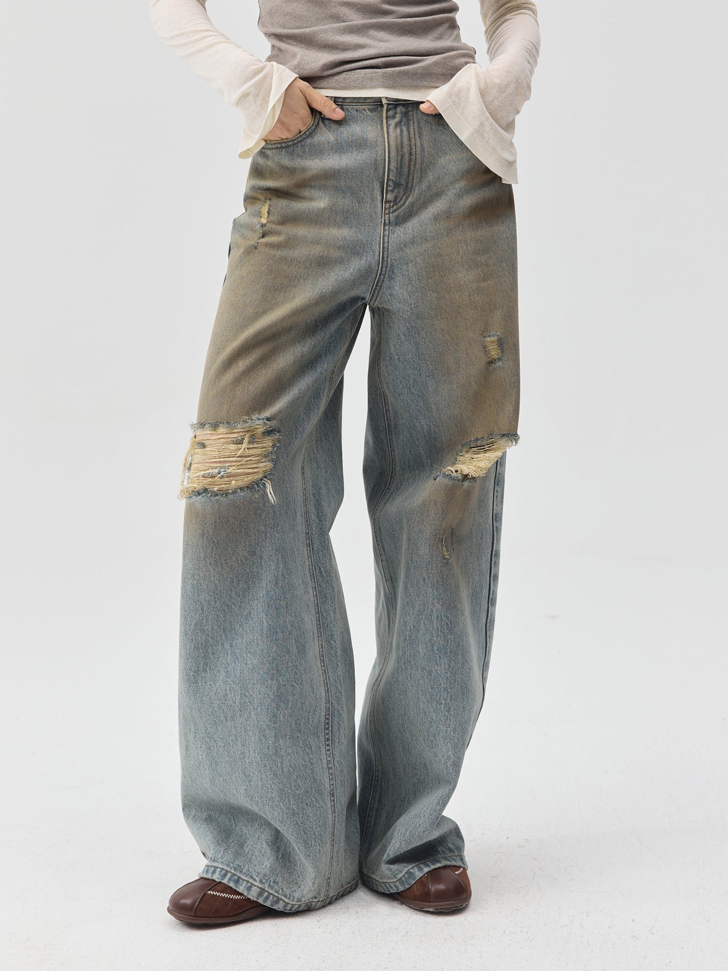 Destroyed Dirt Wash Wide Leg Jeans