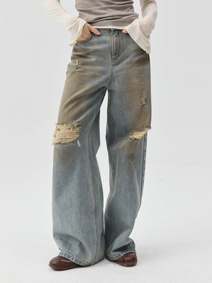 Destroyed Dirt Wash Wide Leg Jeans