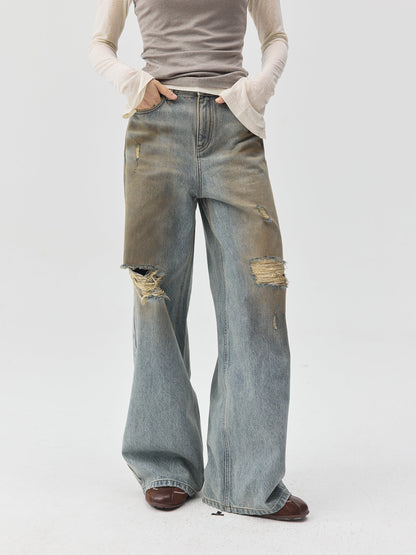 Destroyed Dirt Wash Wide Leg Jeans