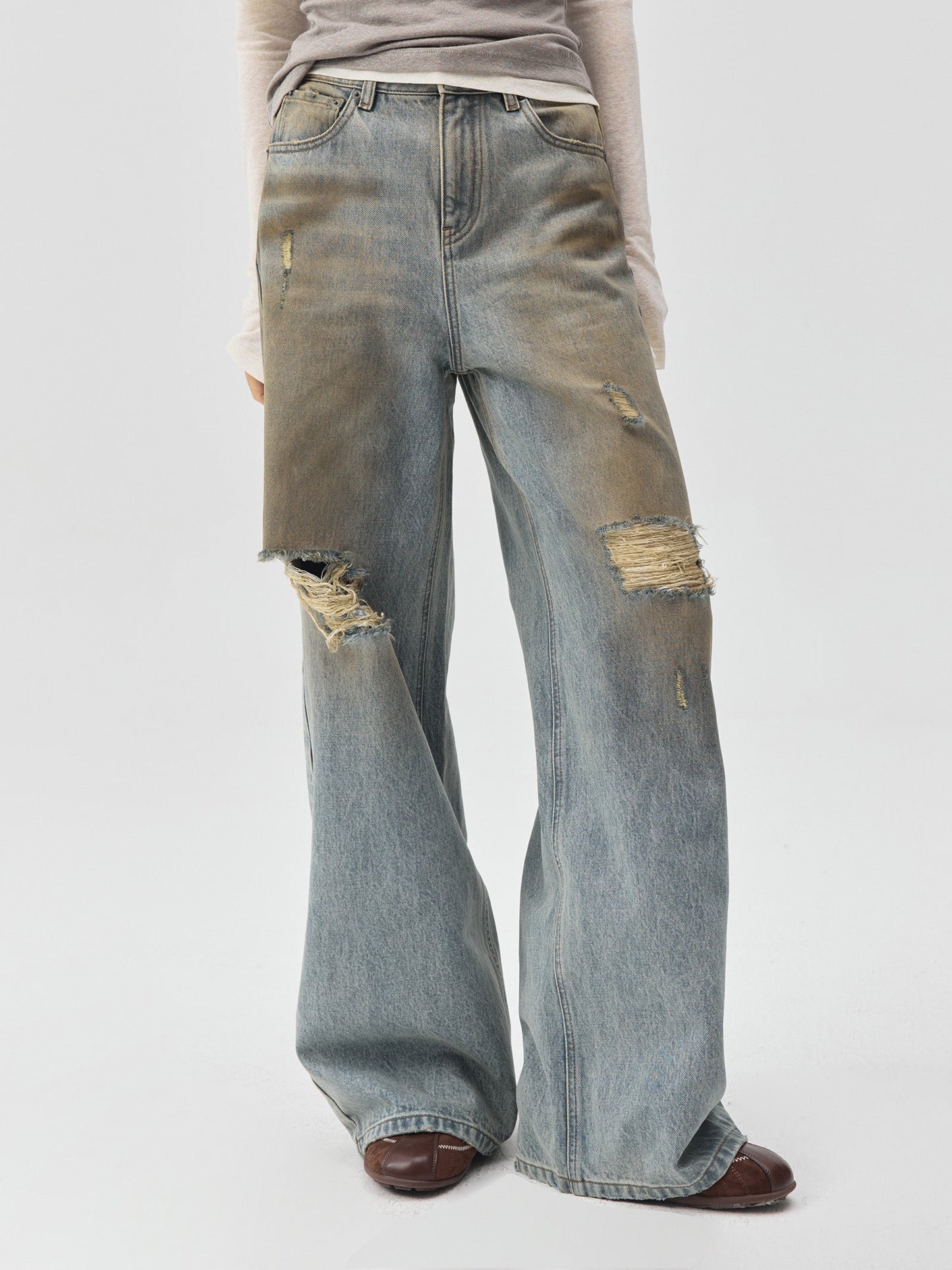 Destroyed Dirt Wash Wide Leg Jeans