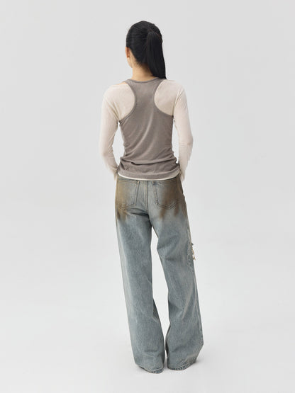 Destroyed Dirt Wash Wide Leg Jeans