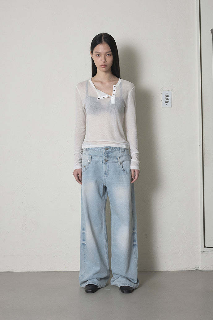 DOUBLE WAIST DENIM PANTS - ICE BLUE