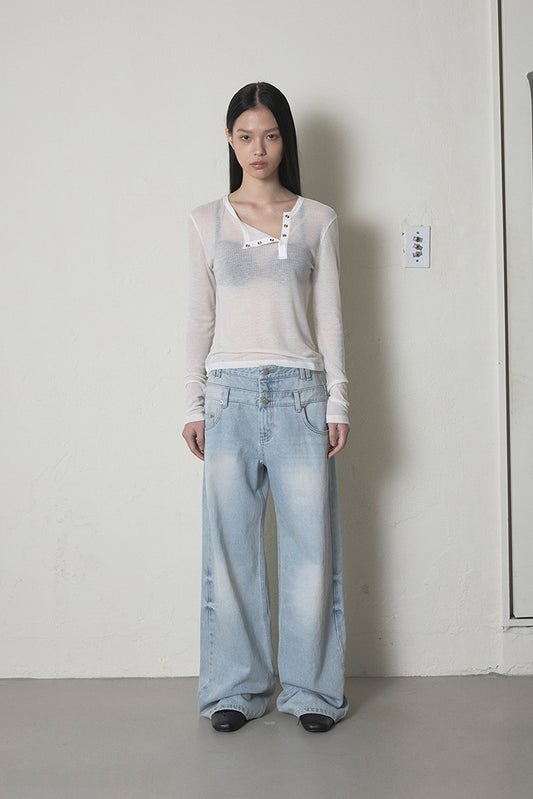 DOUBLE WAIST DENIM PANTS - ICE BLUE