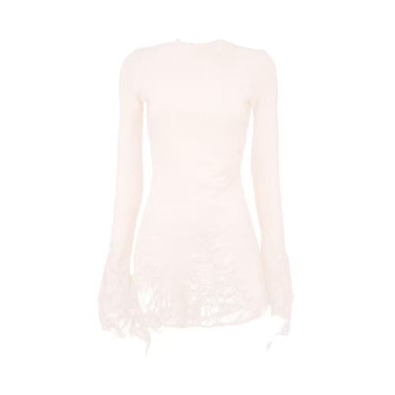 Ragged High Neck Knitted Top Cream White