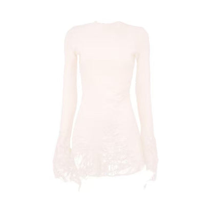 Ragged High Neck Knitted Top Cream White