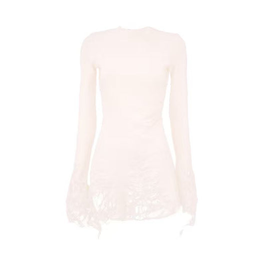 Ragged High Neck Knitted Top Cream White