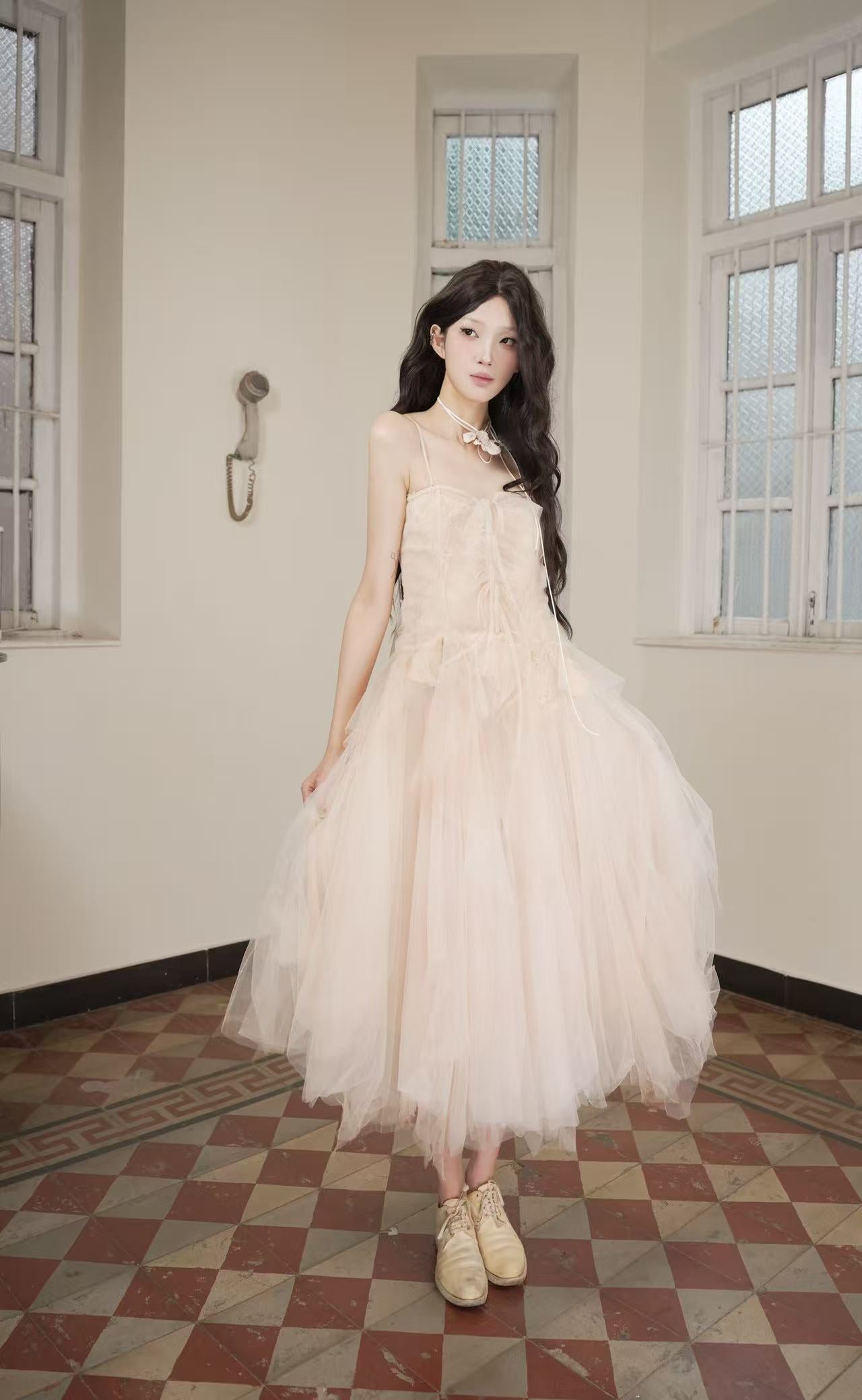 Patchwork Memory Tulle Strapless Dress Tea-Dyed Light Brown