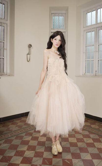 Patchwork Memory Tulle Strapless Dress Tea-Dyed Light Brown