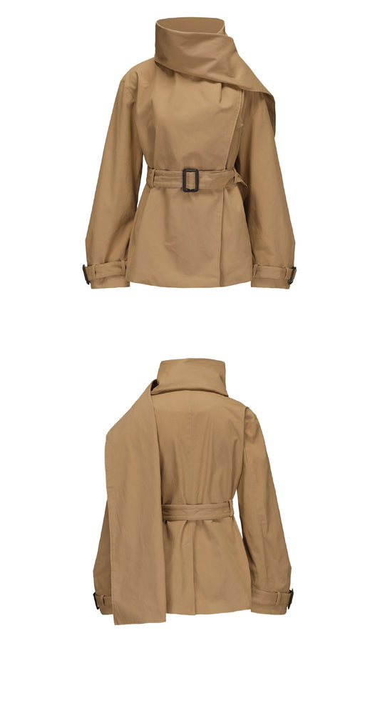 Wrap-Style Collar Waist-Cinching Trench Coat