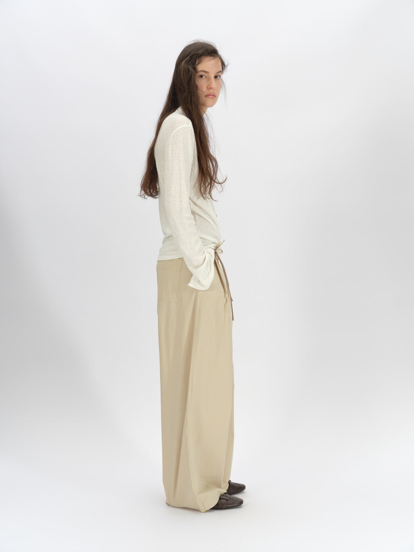 Bicolor-Belted Cotton Wide-Leg Pants