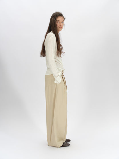 Bicolor-Belted Cotton Wide-Leg Pants