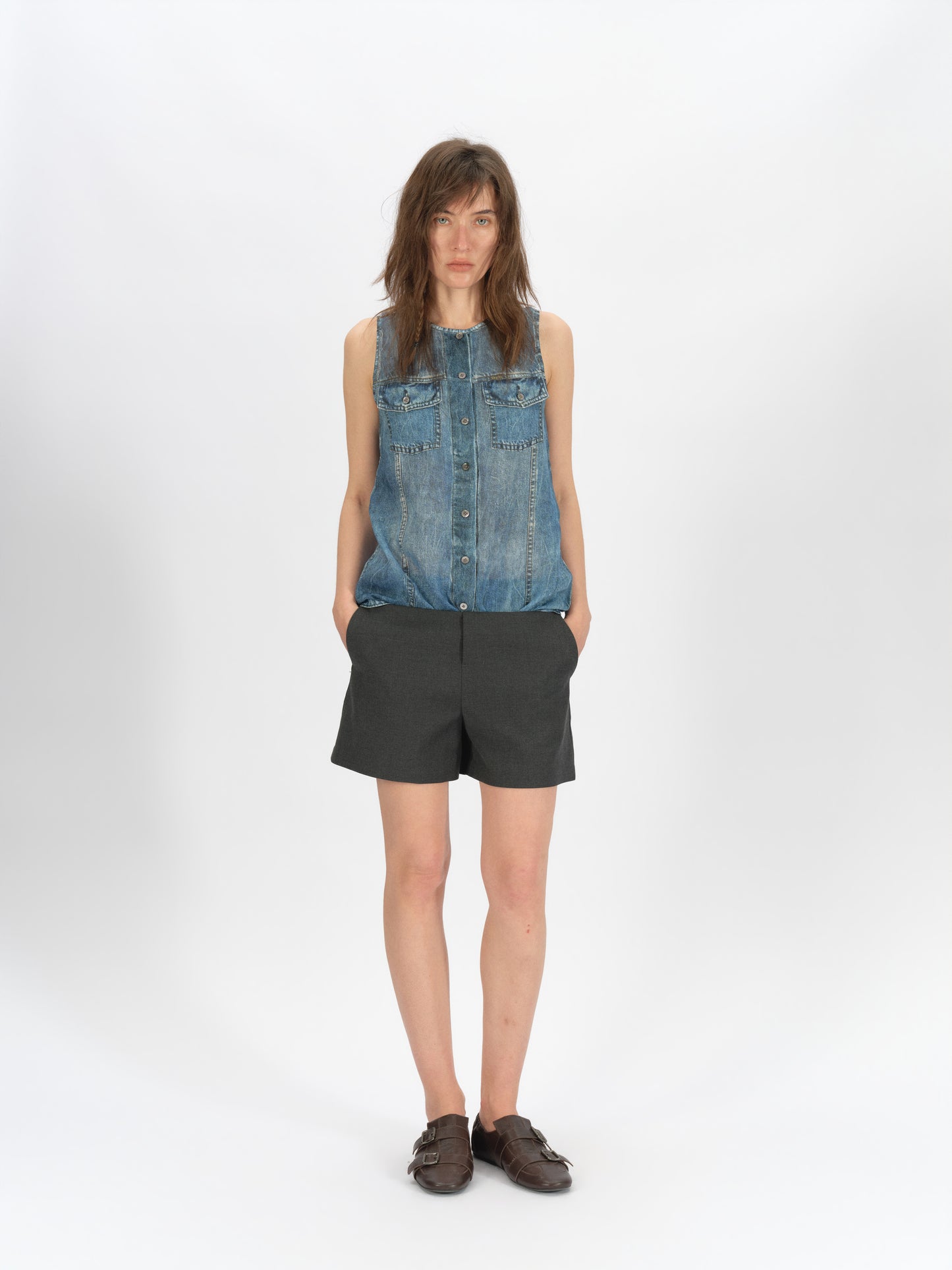 Longline Denim-Print Ramie Tank