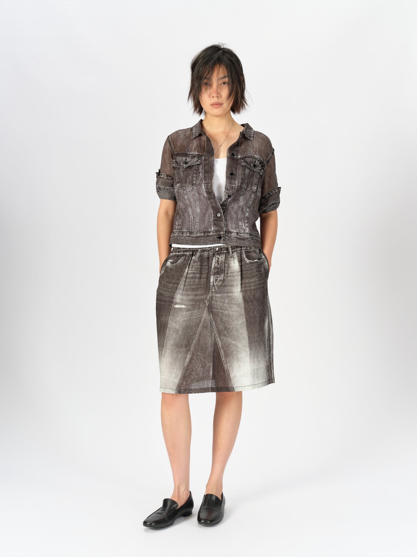 Denim-Print Ramie Shirt
