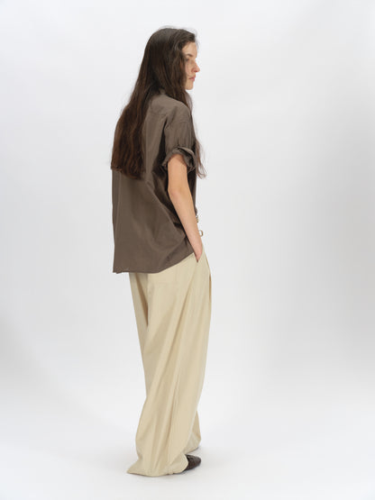 Bicolor-Belted Cotton Wide-Leg Pants
