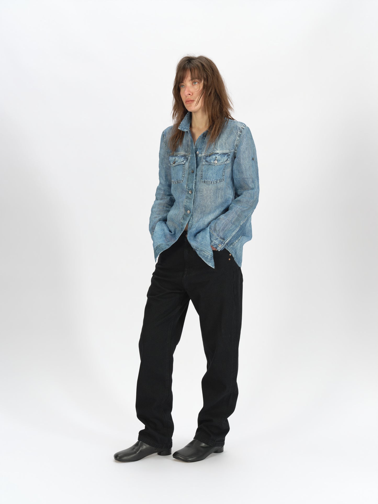 Longline Denim-Print Ramie Shirt