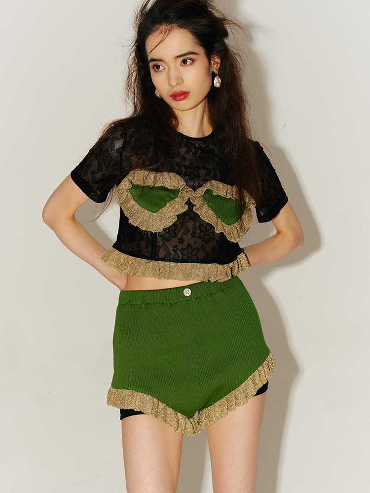 MIAOYAN24 Spring/Summer Green Knitted Lace Patchwork Gold-edged High-waist Shorts