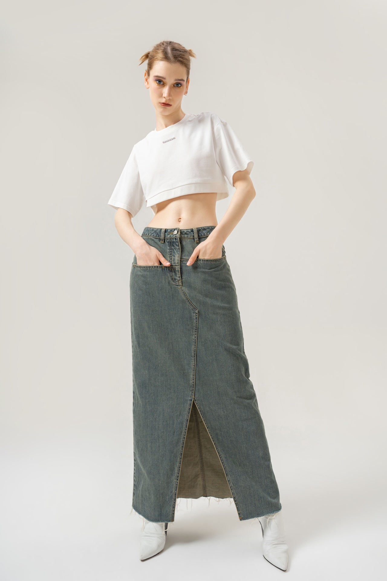 Slit High-Low Denim Midi Skirt