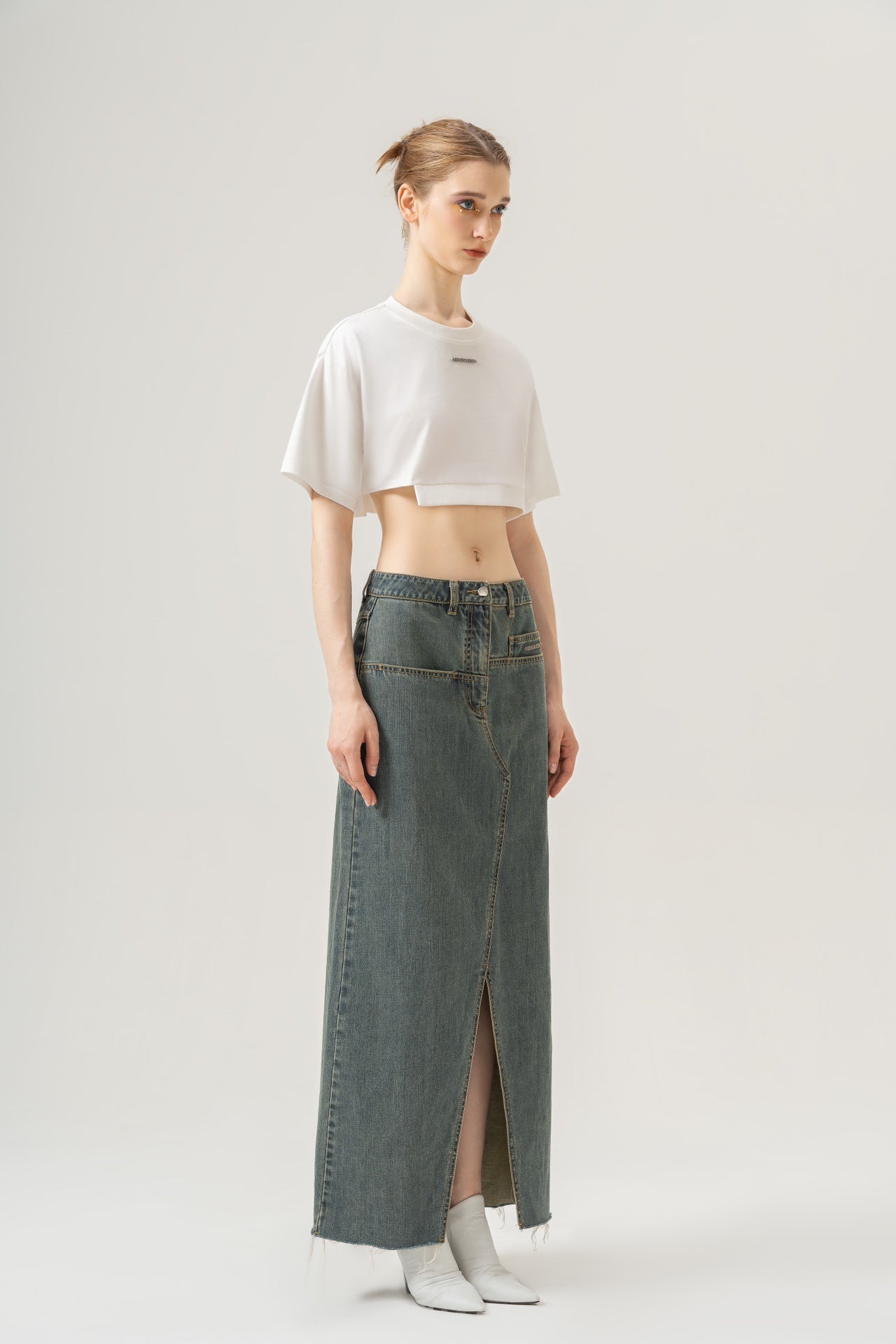 Slit High-Low Denim Midi Skirt