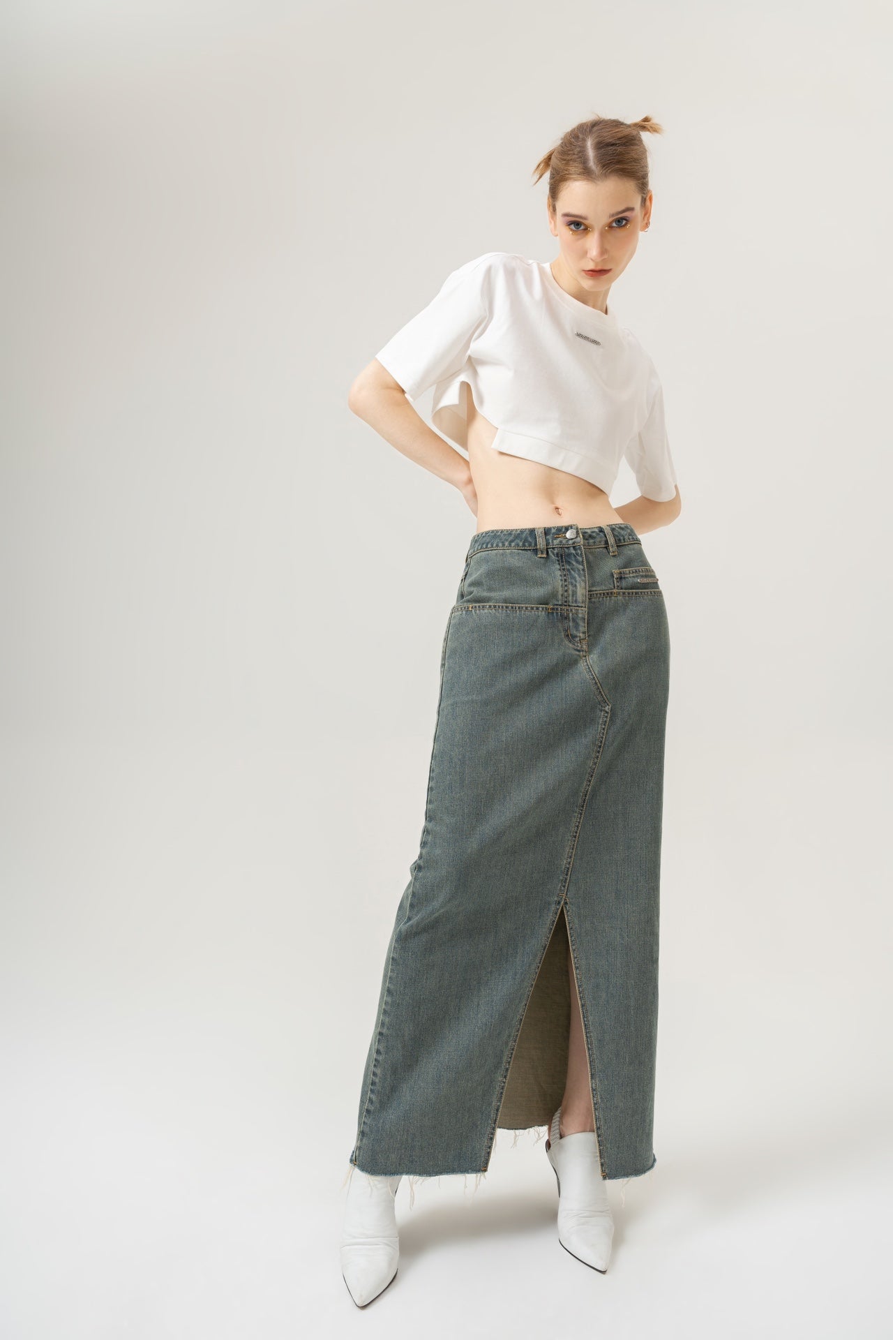 Slit High-Low Denim Midi Skirt