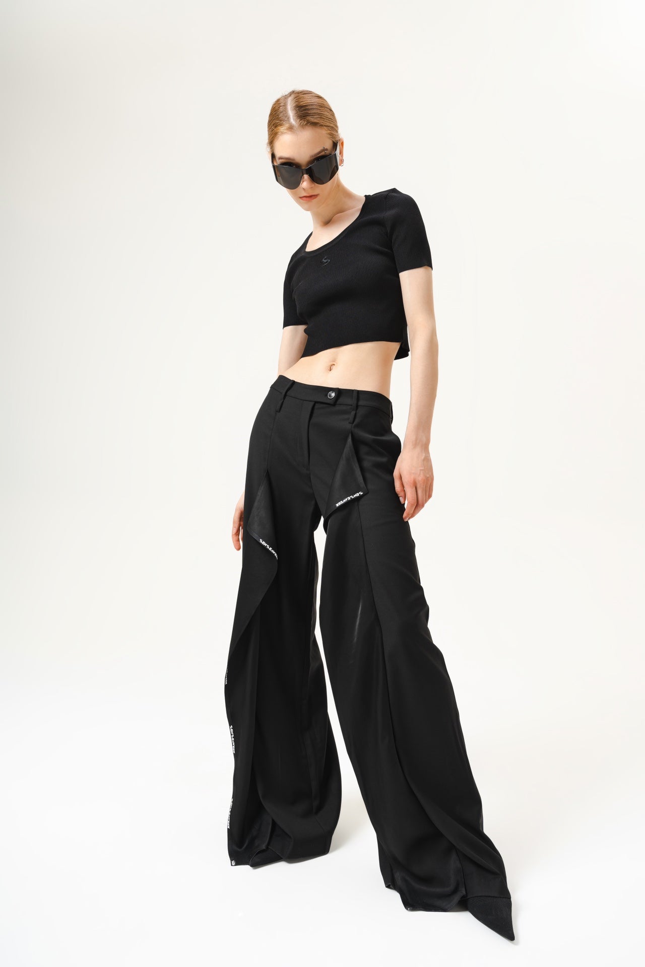 Asymmetrical Drape Wide-Leg Pants