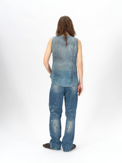 Longline Denim-Print Ramie Tank