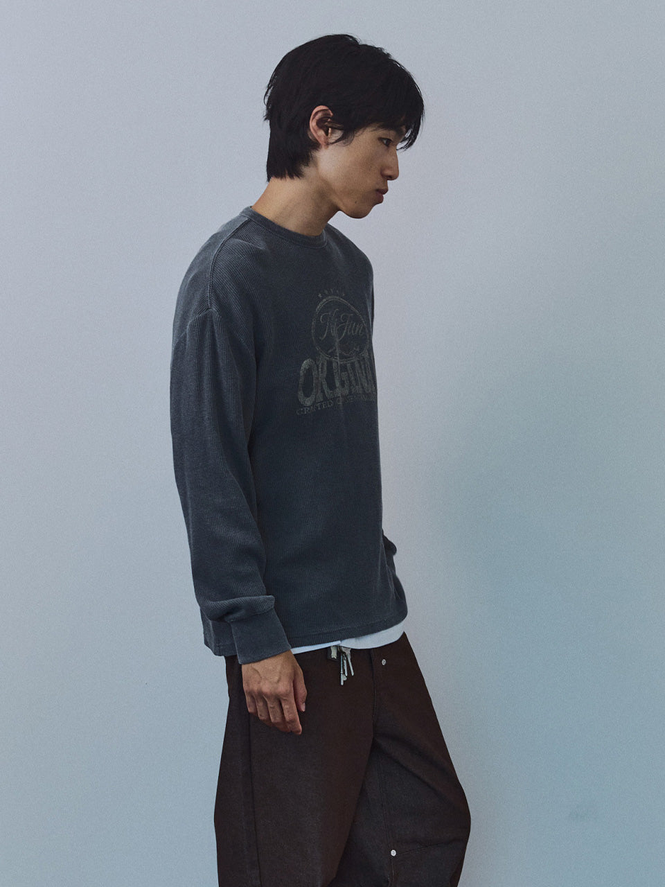 Kijun MEN｜Original Logo Waffle Long Sleeve Tee Charcoal