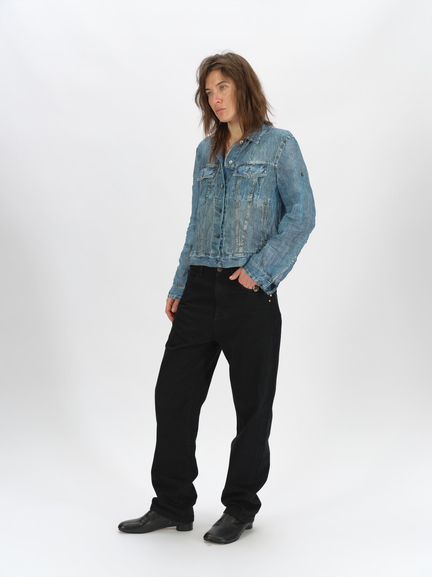 Denim-Print Ramie Shirt