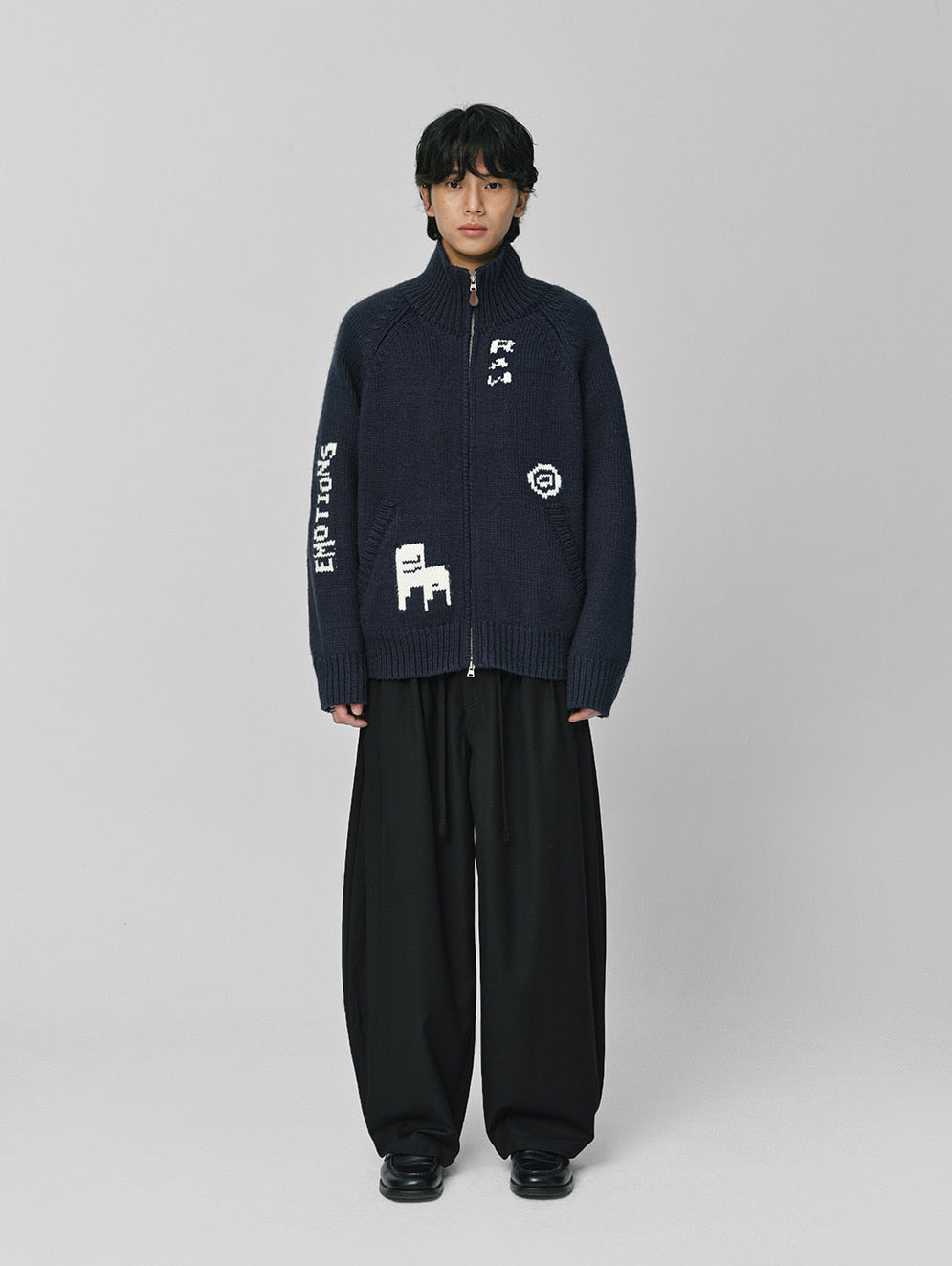 Raw Intarsia Cowichan  Knit Zip-Up Navy