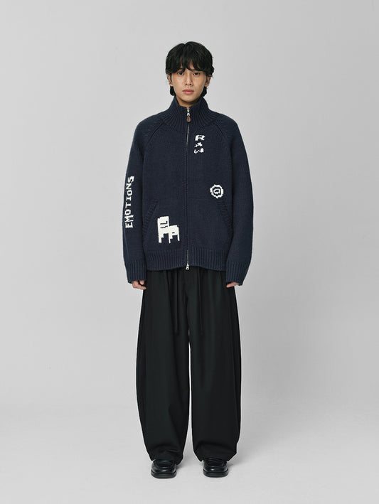 Raw Intarsia Cowichan  Knit Zip-Up Navy