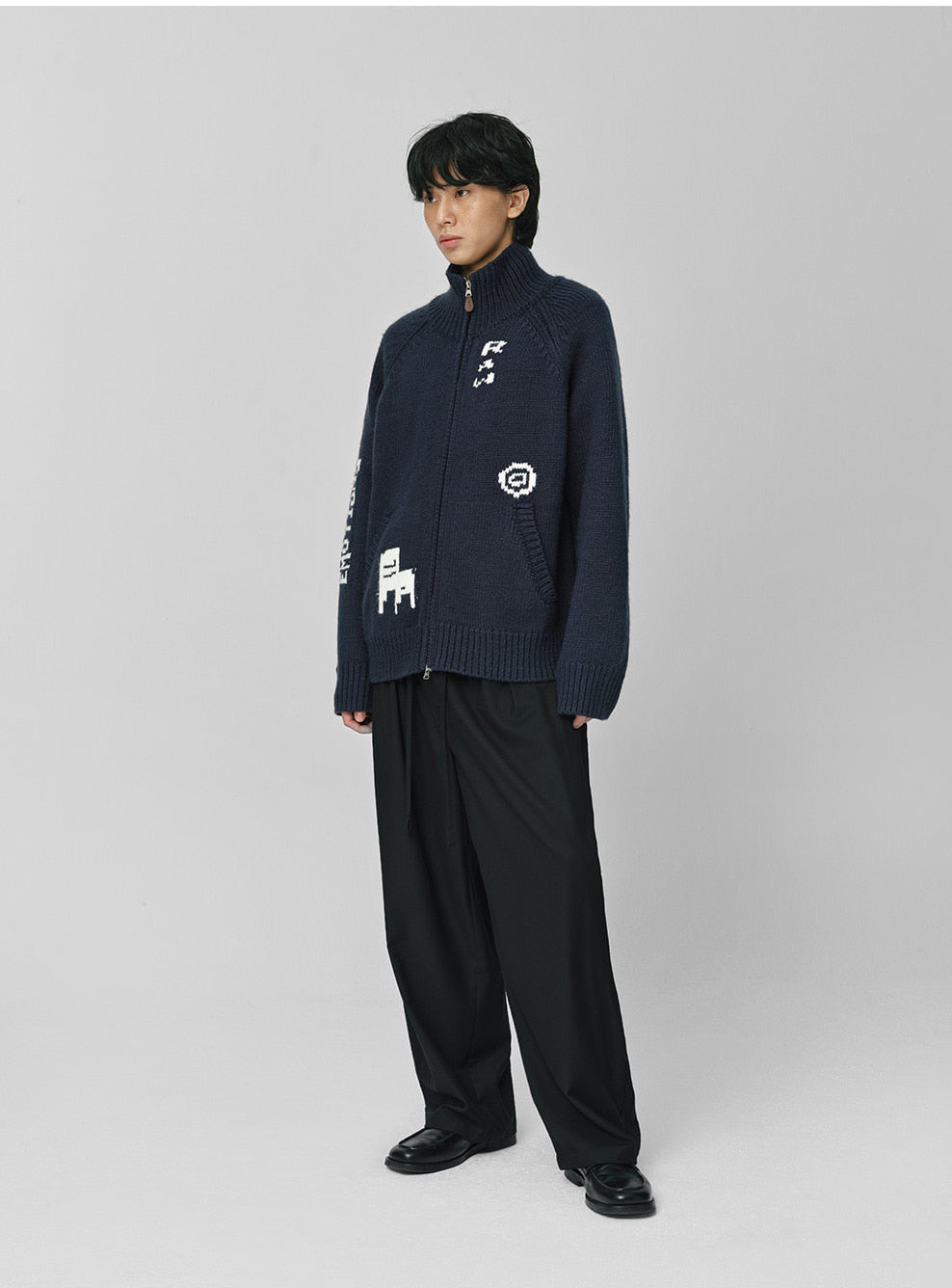 Raw Intarsia Cowichan  Knit Zip-Up Navy