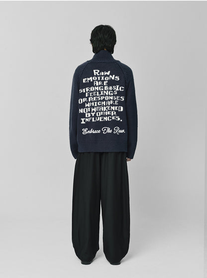 Raw Intarsia Cowichan  Knit Zip-Up Navy