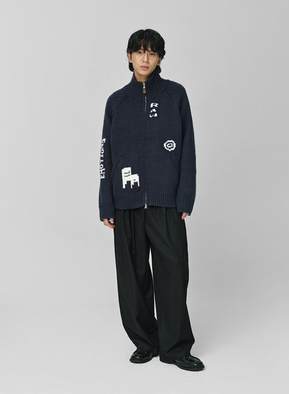 Raw Intarsia Cowichan  Knit Zip-Up Navy