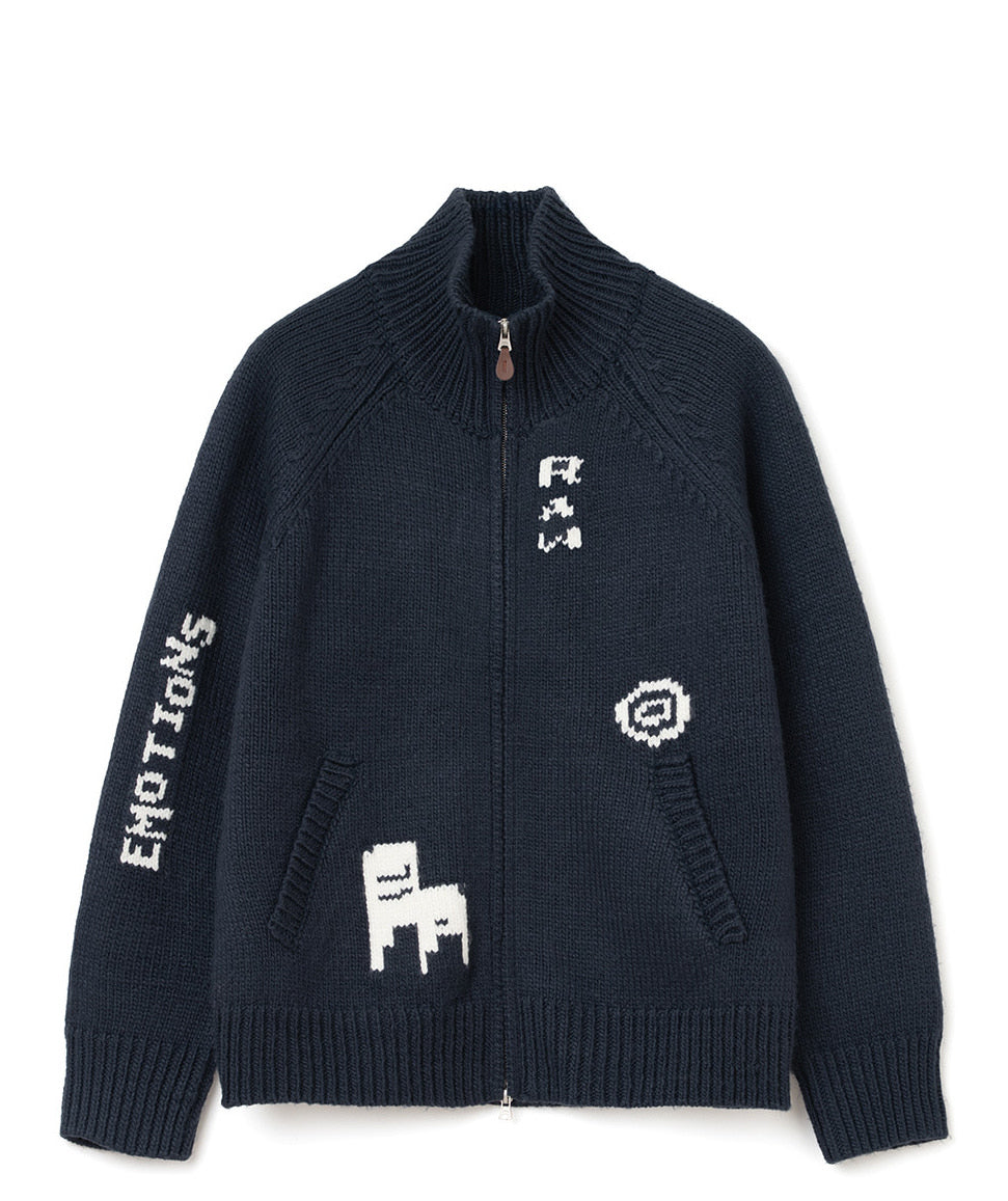 Raw Intarsia Cowichan  Knit Zip-Up Navy